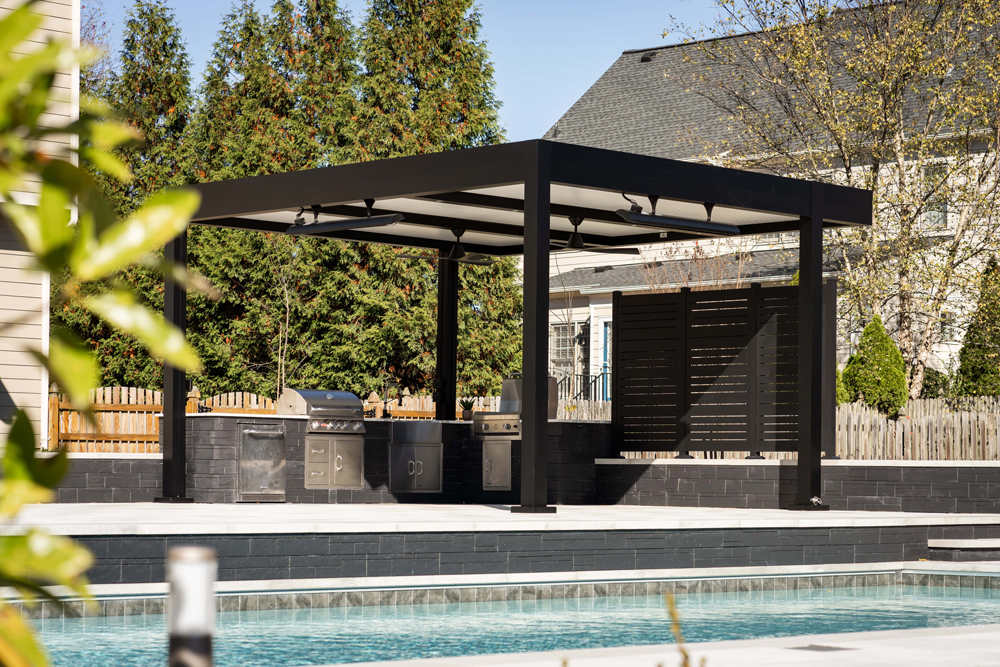 Pergola Design Trends for 2025: What’s Popular in Seattle & Bellevue VA vb patios black r shade white roof fans heaters recessed lights outdoo